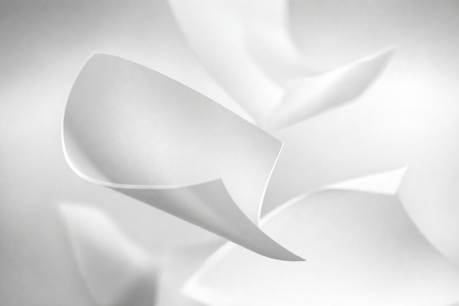 Loose A4 pages drifting in soft silver light, shallow depth of field.