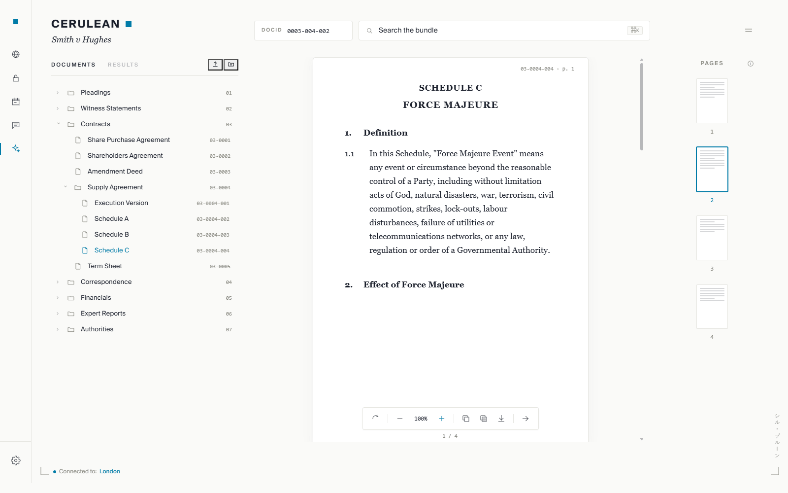 Cerulean primary workspace: a document tree, a Schedule C document on a white page, and a pages rail.